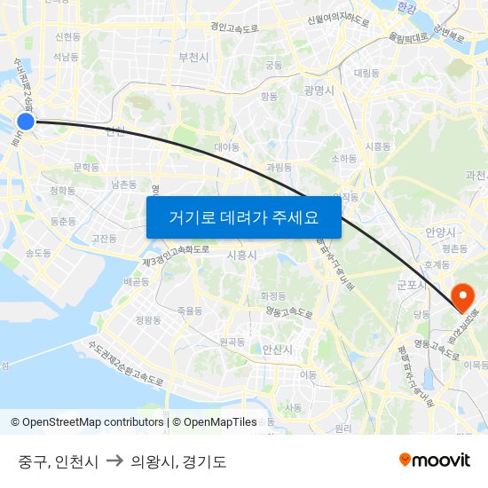 중구, 인천시 to 의왕시, 경기도 map