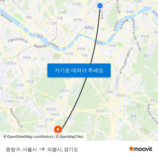 중랑구, 서울시 to 의왕시, 경기도 map