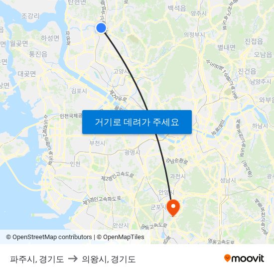 파주시, 경기도 to 의왕시, 경기도 map