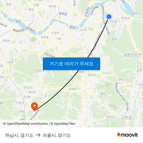 하남시, 경기도 to 의왕시, 경기도 map