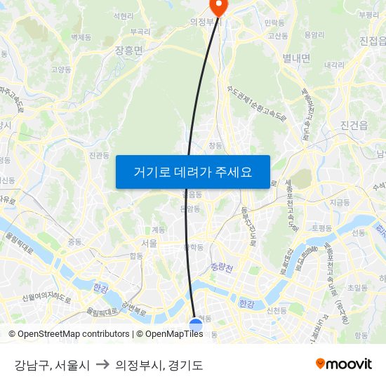 강남구, 서울시 to 의정부시, 경기도 map