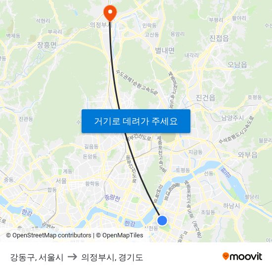 강동구, 서울시 to 의정부시, 경기도 map