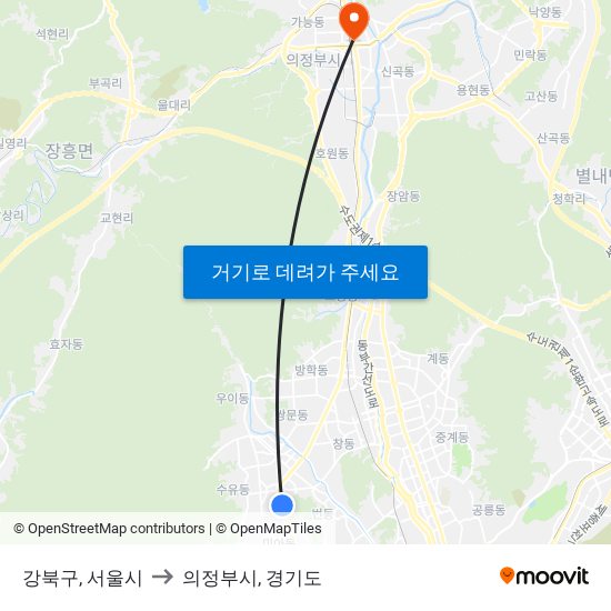 강북구, 서울시 to 의정부시, 경기도 map