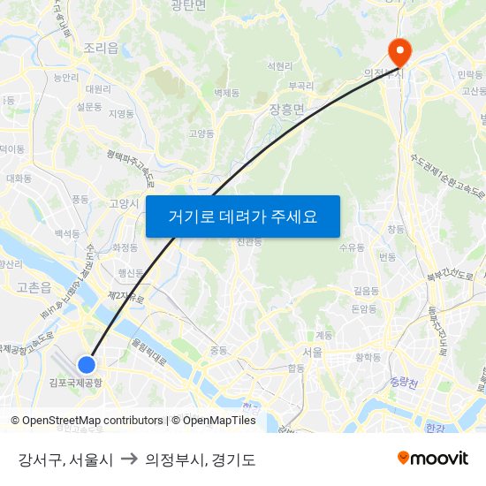 강서구, 서울시 to 의정부시, 경기도 map