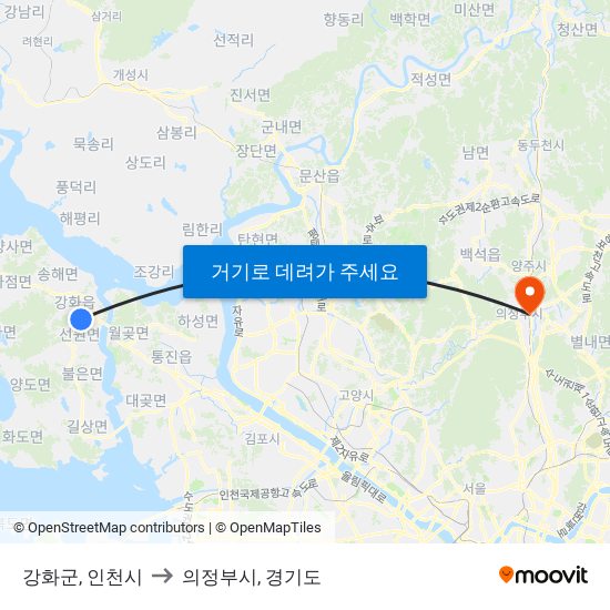 강화군, 인천시 to 의정부시, 경기도 map