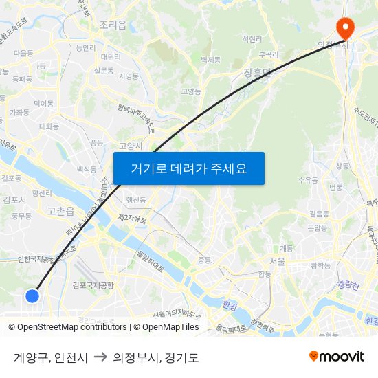 계양구, 인천시 to 의정부시, 경기도 map