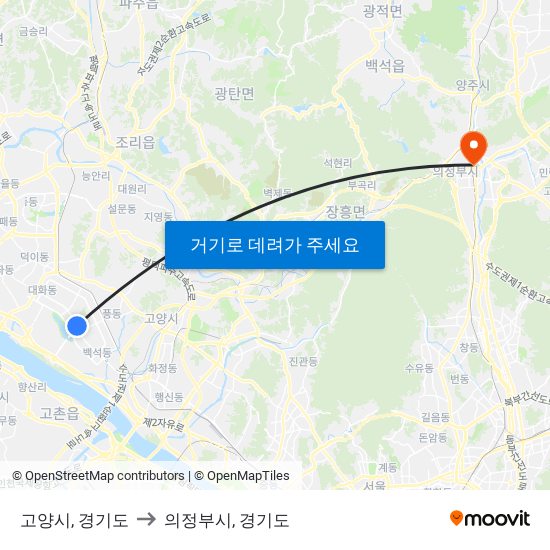 고양시, 경기도 to 의정부시, 경기도 map