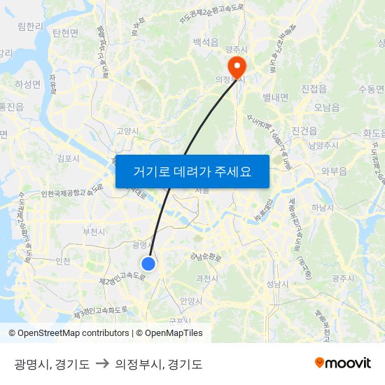 광명시, 경기도 to 의정부시, 경기도 map