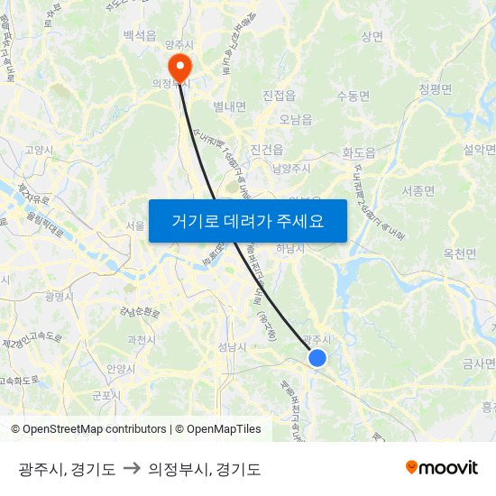 광주시, 경기도 to 의정부시, 경기도 map