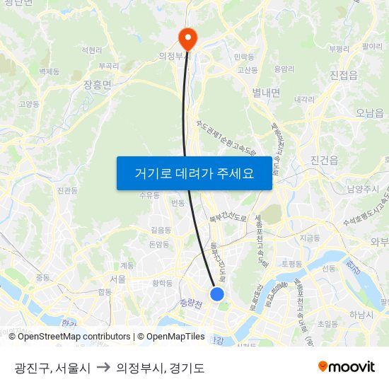 광진구, 서울시 to 의정부시, 경기도 map