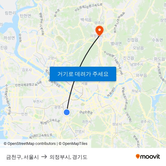 금천구, 서울시 to 의정부시, 경기도 map