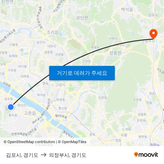 김포시, 경기도 to 의정부시, 경기도 map