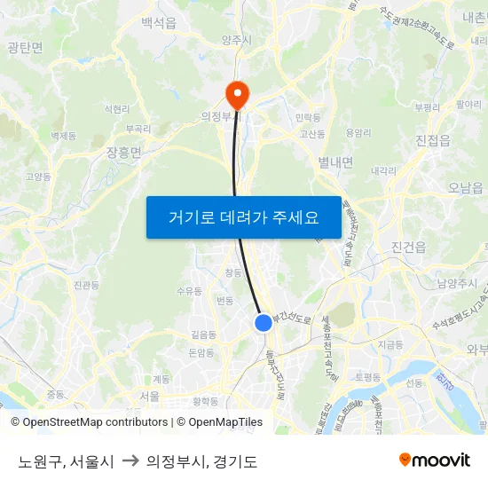 노원구, 서울시 to 의정부시, 경기도 map
