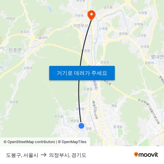 도봉구, 서울시 to 의정부시, 경기도 map