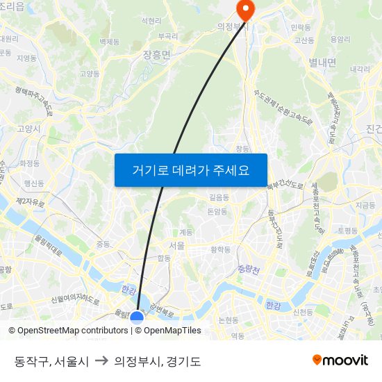 동작구, 서울시 to 의정부시, 경기도 map