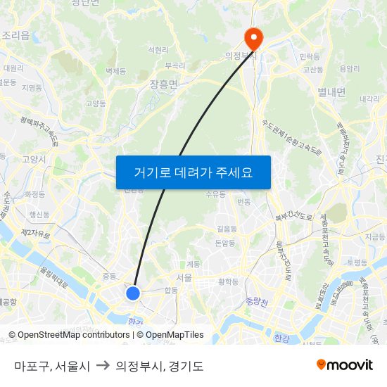 마포구, 서울시 to 의정부시, 경기도 map