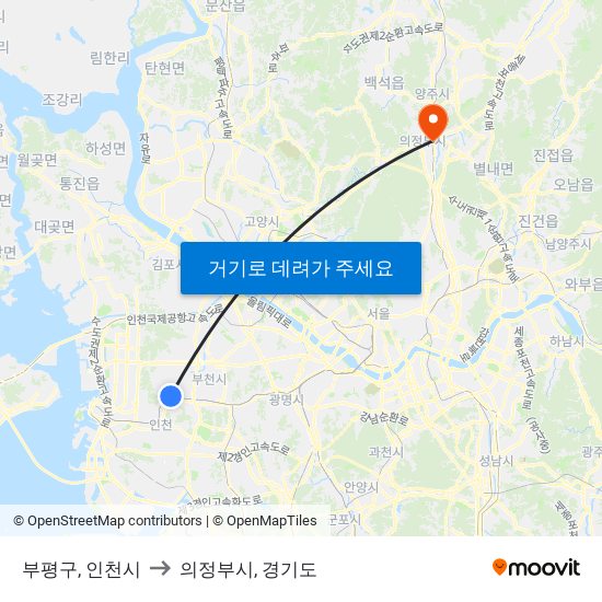 부평구, 인천시 to 의정부시, 경기도 map