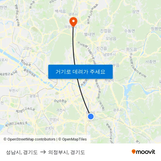 성남시, 경기도 to 의정부시, 경기도 map