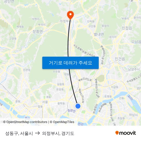 성동구, 서울시 to 의정부시, 경기도 map