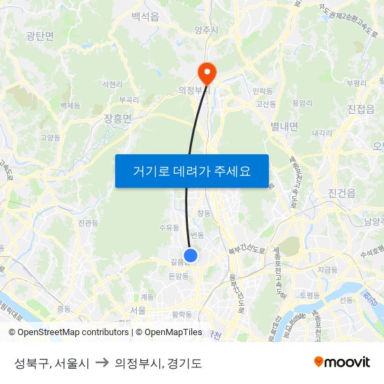 성북구, 서울시 to 의정부시, 경기도 map