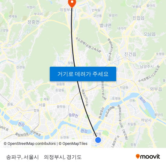 송파구, 서울시 to 의정부시, 경기도 map