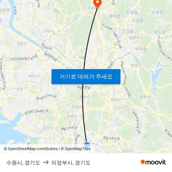 수원시, 경기도 to 의정부시, 경기도 map