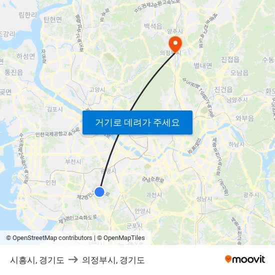 시흥시, 경기도 to 의정부시, 경기도 map