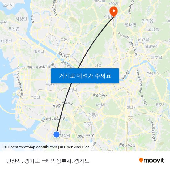 안산시, 경기도 to 의정부시, 경기도 map