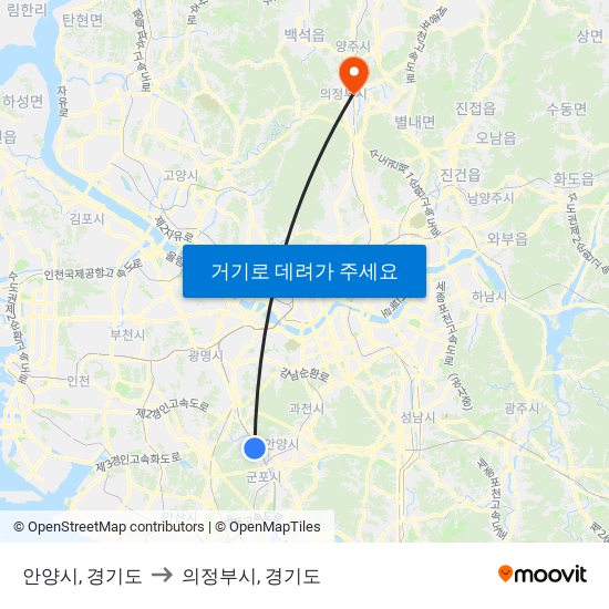 안양시, 경기도 to 의정부시, 경기도 map