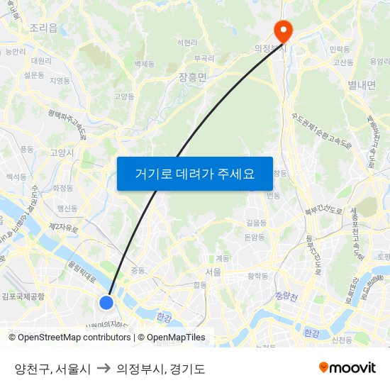 양천구, 서울시 to 의정부시, 경기도 map