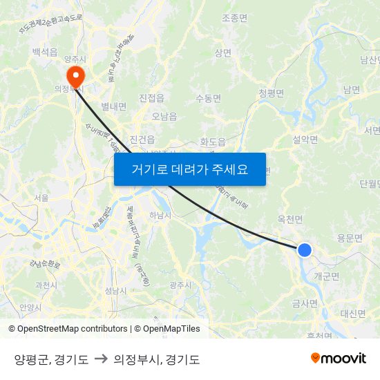 양평군, 경기도 to 의정부시, 경기도 map