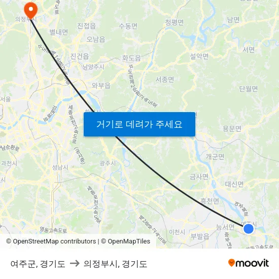 여주군, 경기도 to 의정부시, 경기도 map