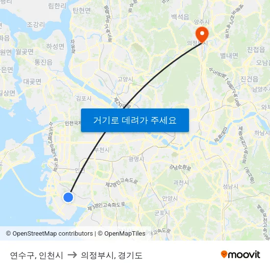 연수구, 인천시 to 의정부시, 경기도 map
