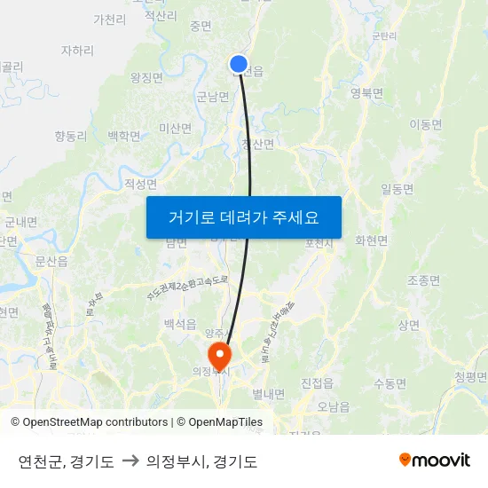연천군, 경기도 to 의정부시, 경기도 map