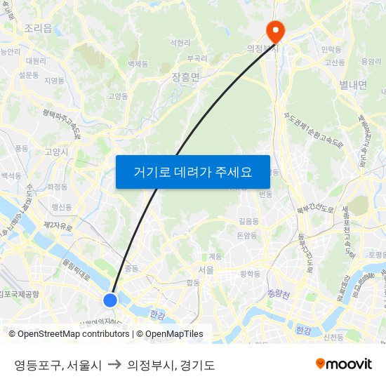 영등포구, 서울시 to 의정부시, 경기도 map