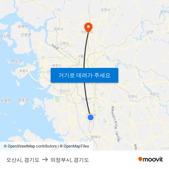 오산시, 경기도 to 의정부시, 경기도 map