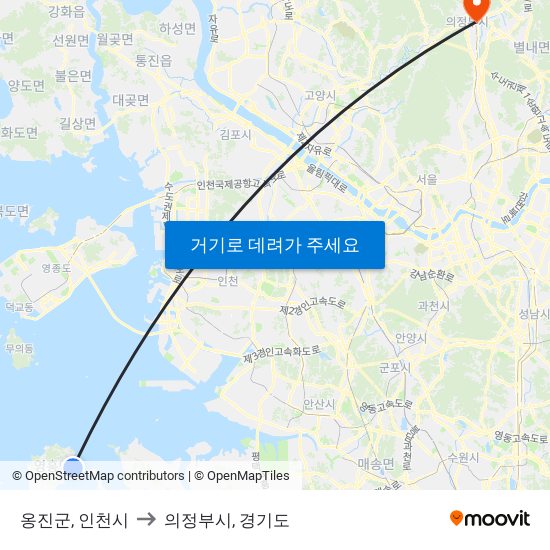 옹진군, 인천시 to 의정부시, 경기도 map