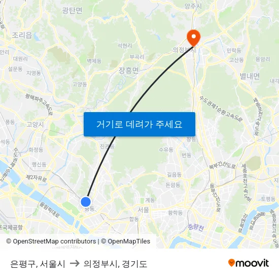 은평구, 서울시 to 의정부시, 경기도 map