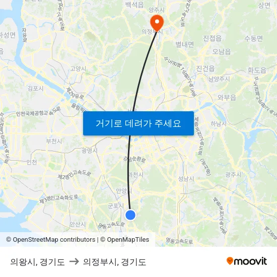 의왕시, 경기도 to 의정부시, 경기도 map