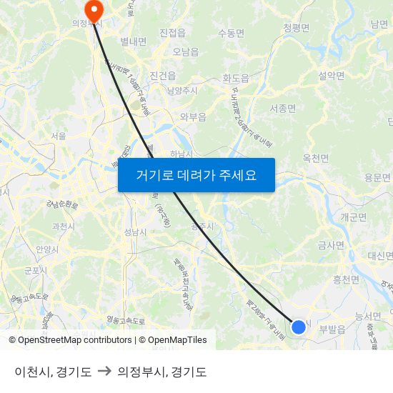 이천시, 경기도 to 의정부시, 경기도 map