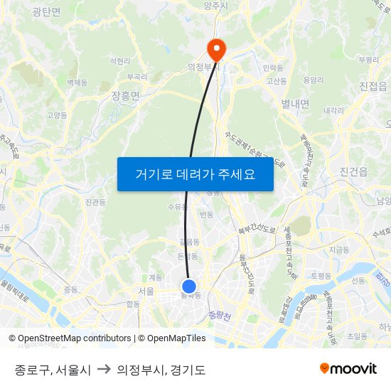 종로구, 서울시 to 의정부시, 경기도 map