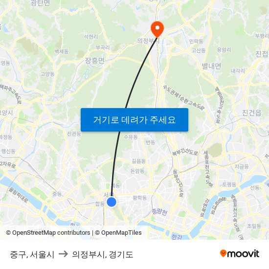 중구, 서울시 to 의정부시, 경기도 map