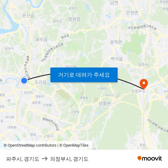 파주시, 경기도 to 의정부시, 경기도 map