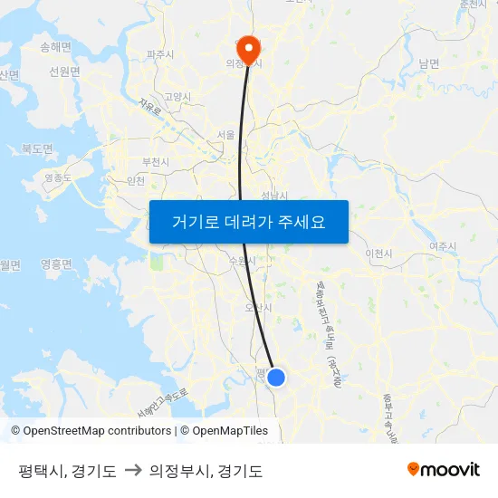 평택시, 경기도 to 의정부시, 경기도 map