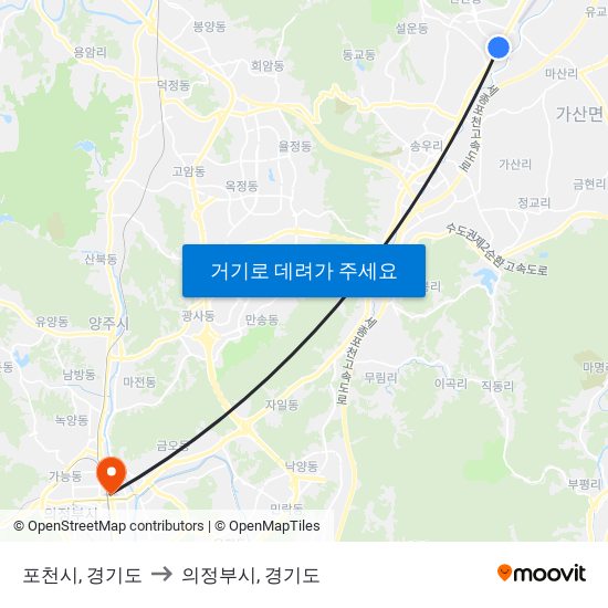 포천시, 경기도 to 의정부시, 경기도 map