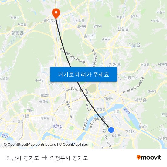 하남시, 경기도 to 의정부시, 경기도 map