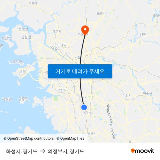 화성시, 경기도 to 의정부시, 경기도 map