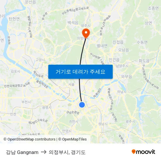 강남 Gangnam to 의정부시, 경기도 map