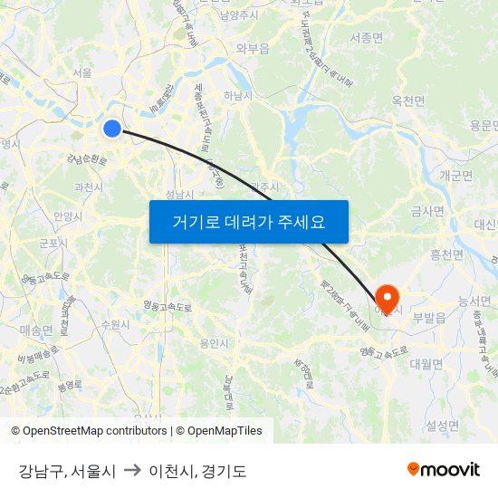 강남구, 서울시 to 이천시, 경기도 map