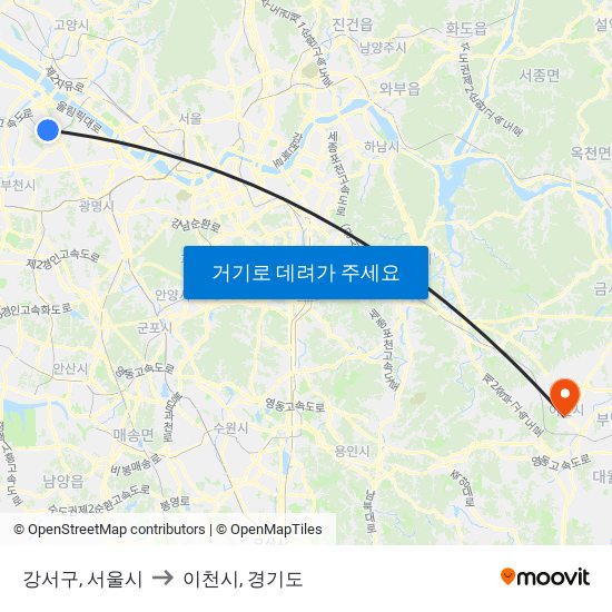 강서구, 서울시 to 이천시, 경기도 map